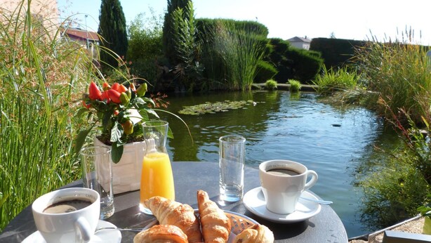 A table with croissants, coffee cups, and a glass of orange juice by a pond.