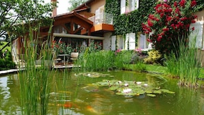 A pond with water lilies and koi fish, surrounded by lush greenery and a wooden deck.