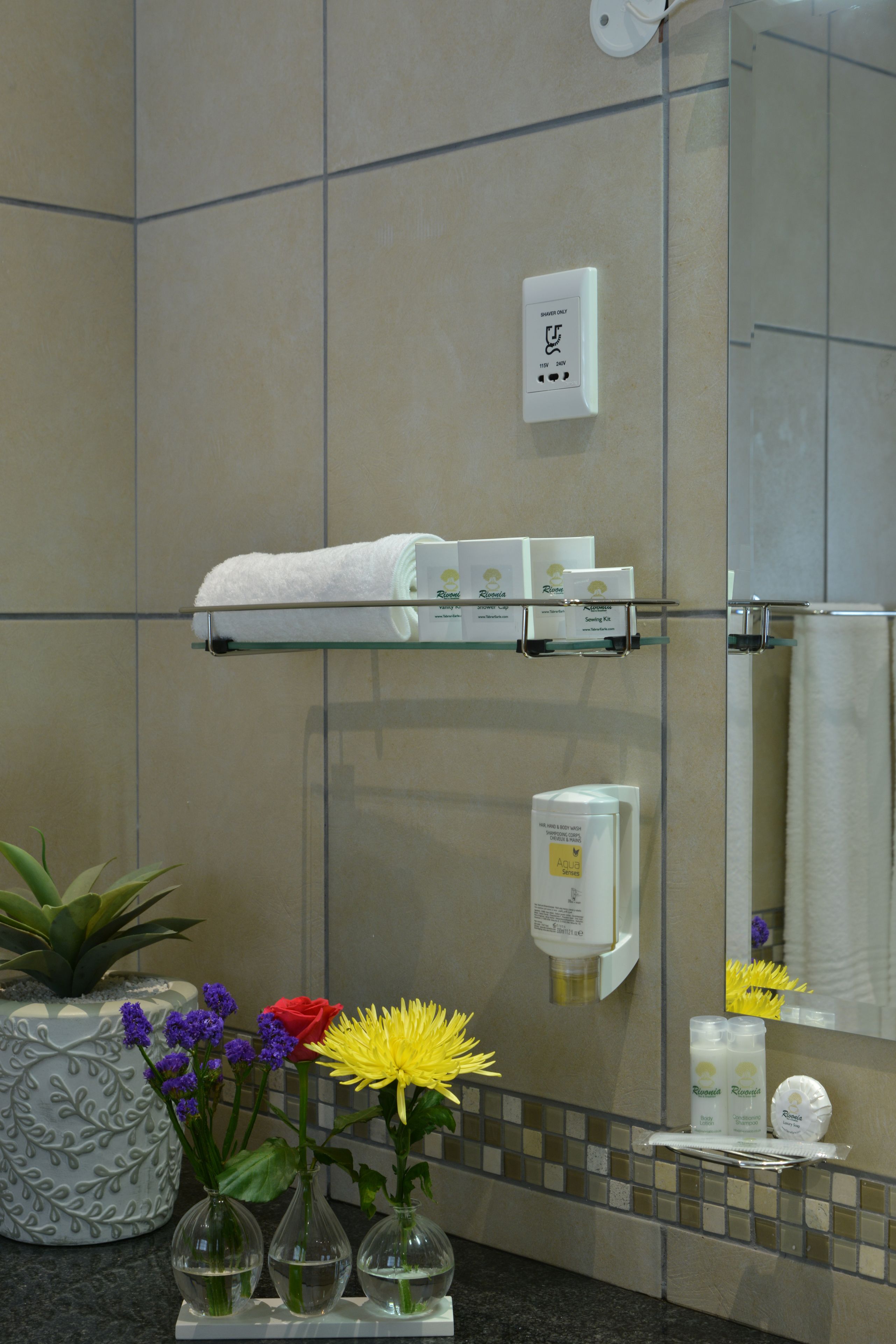 A bathroom with a glass shower enclosure, a towel rack, a soap dispenser, and a mirror.