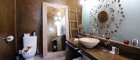 Deluxe tweepersoonskamer, 1 kingsize bed (Buffalo) | Badkamer | Een douche, designer toiletartikelen, een haardroger, badjassen