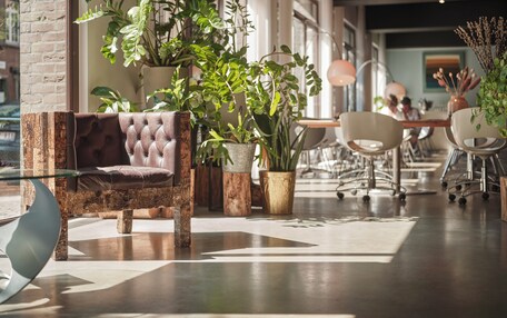 A modern interior with a leather sofa, potted plants, and a dining area with chairs and tables.