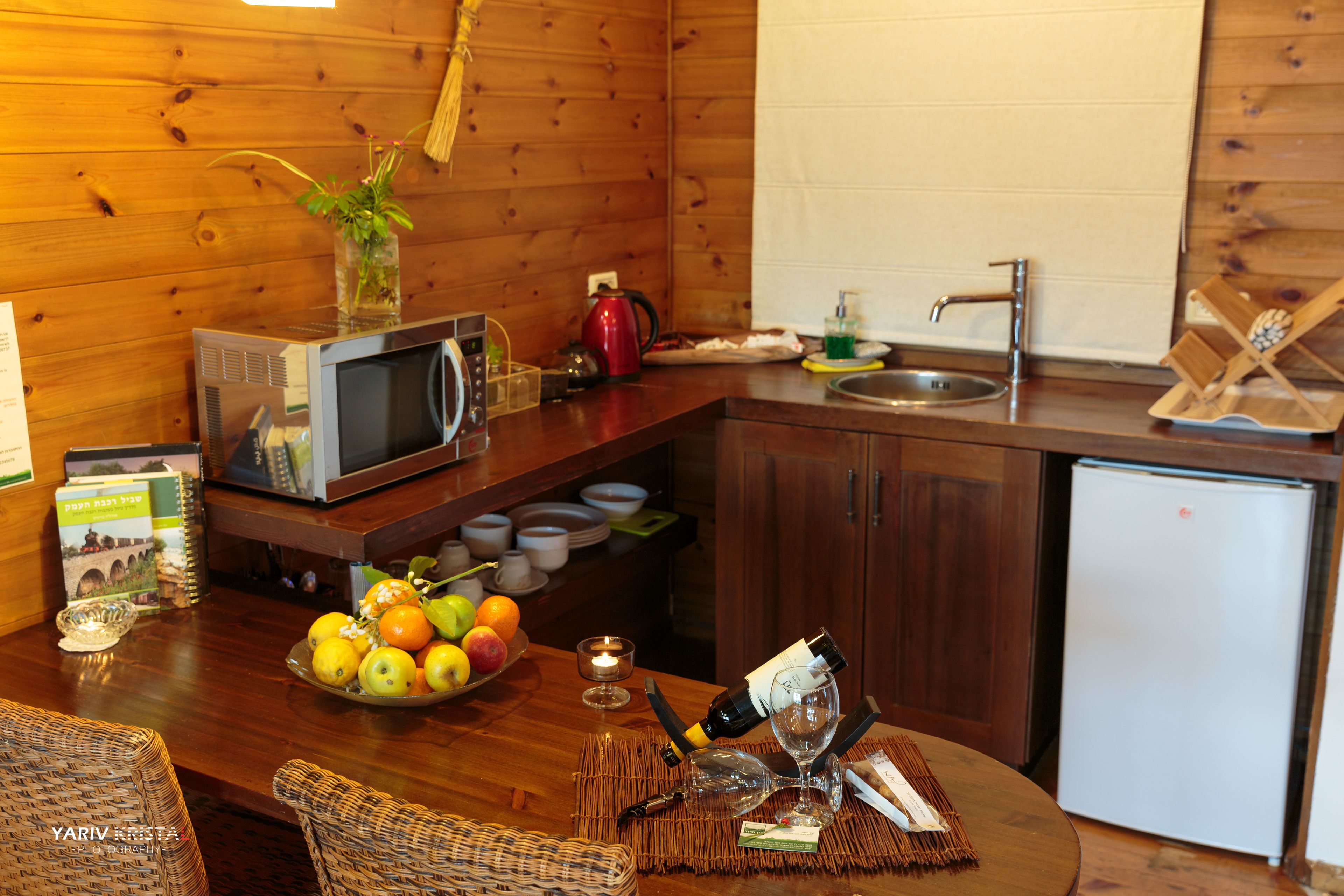 Cocina compacta con paredes de madera, microondas, lavamanos y refrigerador.