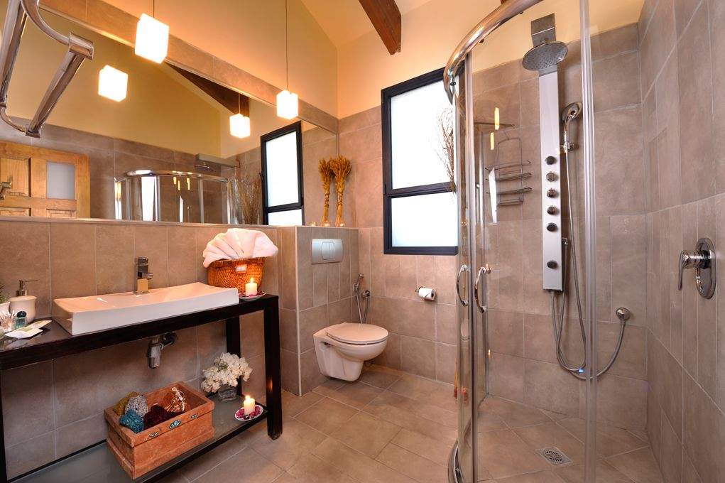 Un baño moderno con ducha cubierta por vidrio, un lavamanos blanco y un inodoro.