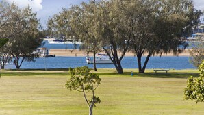 A grassy park area with trees and a body of water in the background. - Aqualine Apartments (Southport)