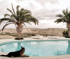 Una piscina al aire libre de temporada, sillones reclinables de piscina