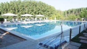 Piscina con sillones de descanso y sombrillas, rodeada de zona boscosa.