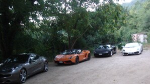 A row of parked sports cars in a natural setting with trees and a dirt ground. - Auberge Provencale (Sospel)