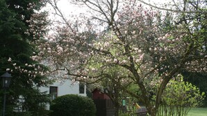 A garden with blooming trees and a white building with a red roof. - Waldpension Jägerstüberl (Bad Griesbach im Rottal)