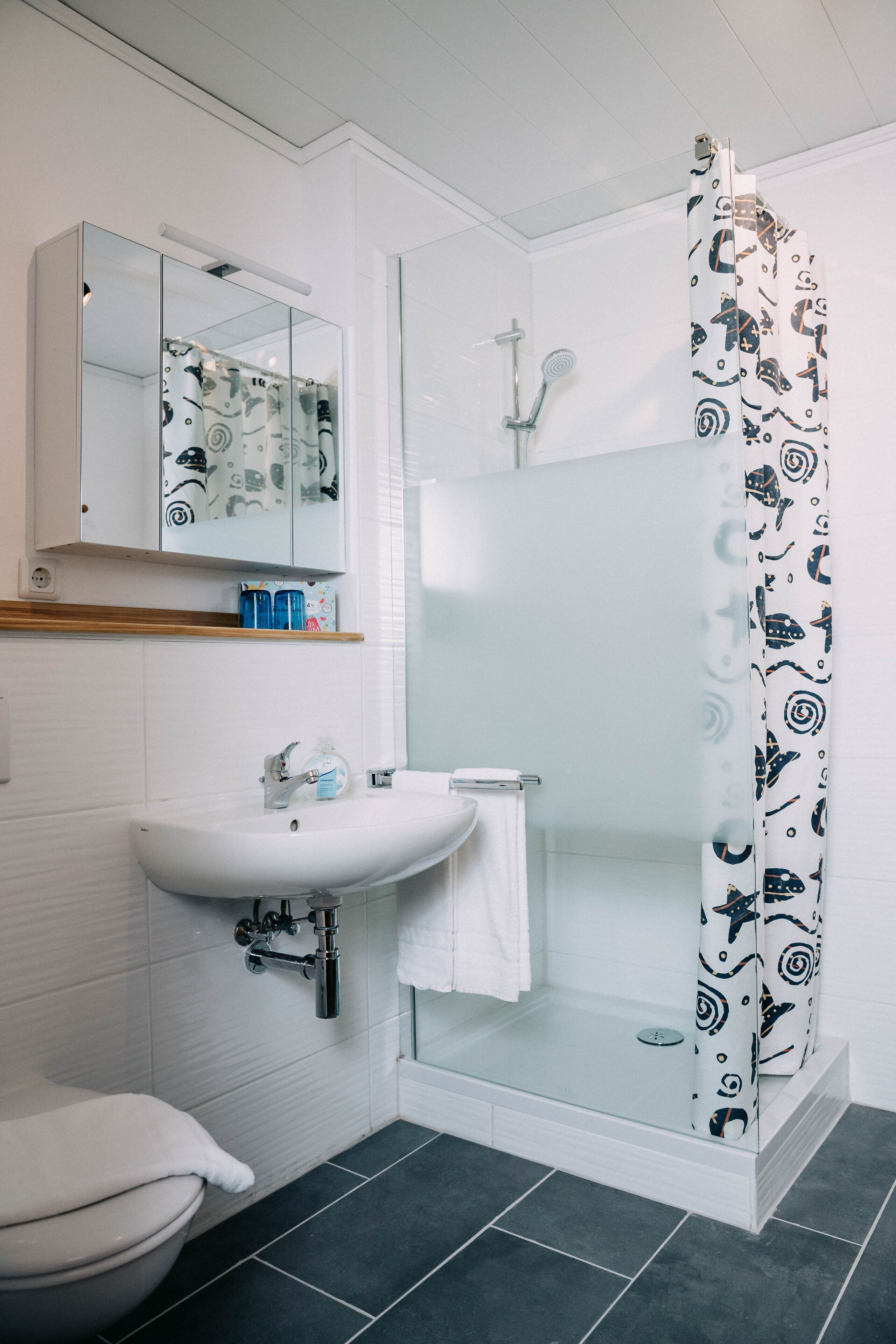 Un baño con lavamanos blanco, espejo e inodoro. Tiene una ducha con cortina estampada.