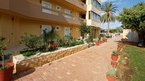 Un hotel de varios pisos con un camino de ladrillo, plantas en macetas y una palmera.