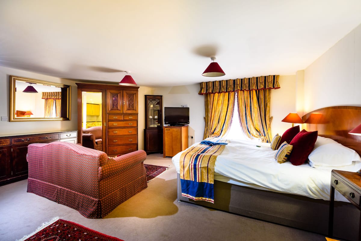 A hotel room with a bed, a chair, a TV, a wardrobe, and a mirror.