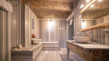 Suite | Bathroom | Designer toiletries, hair dryer, bathrobes, slippers