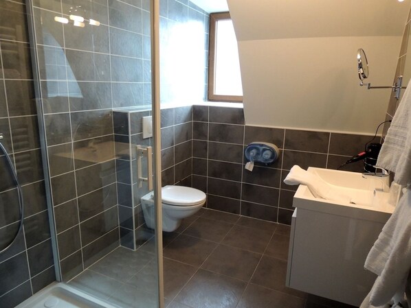 A modern bathroom with a glass shower enclosure, a toilet, and a sink with a towel rack. - Hotel Les Coudercous (Saint-Chely-d'Aubrac)