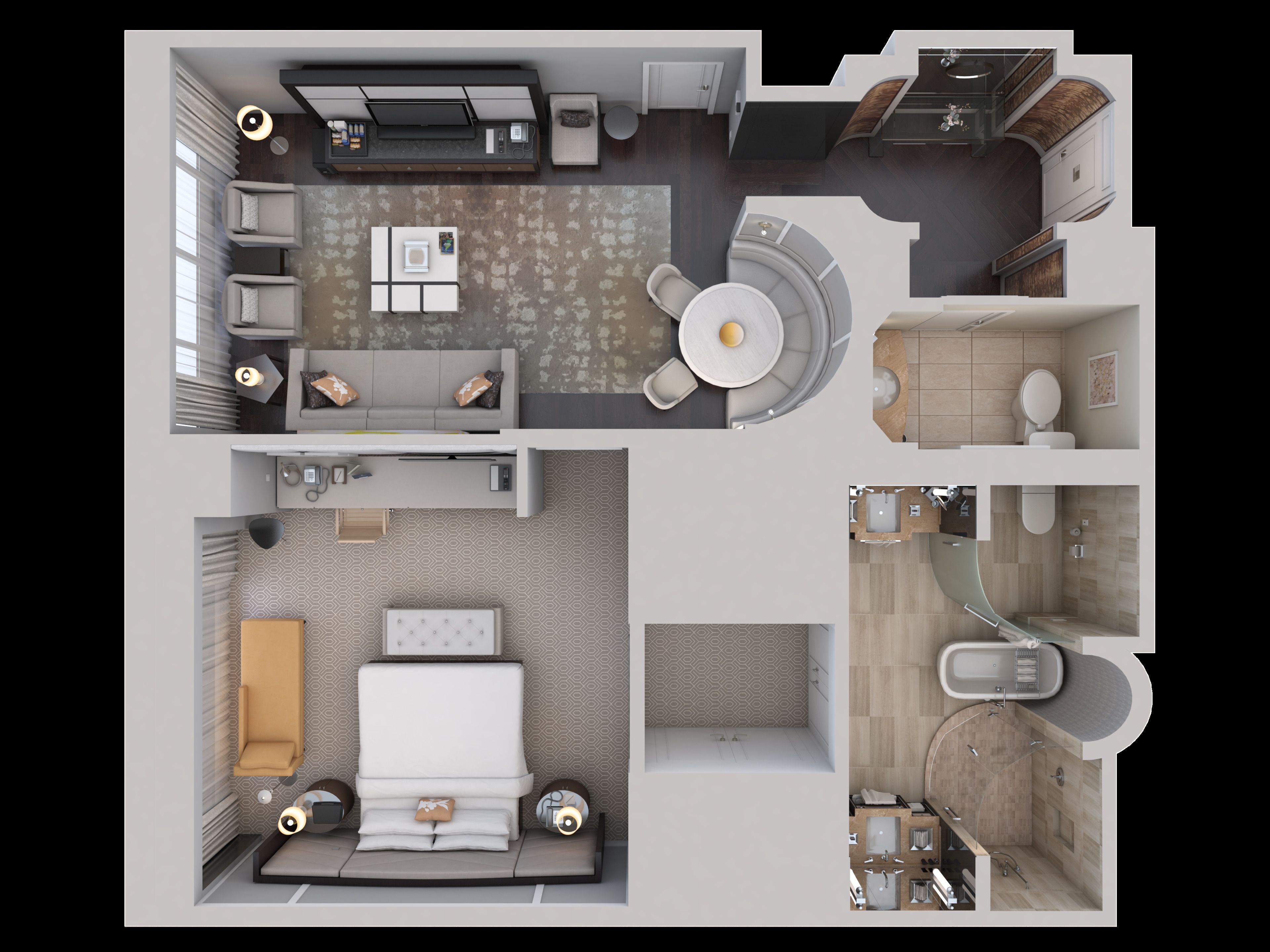 Distribución de una habitación de hotel con cama, zona de estar, kitchenette, baño y un pequeño balcón.