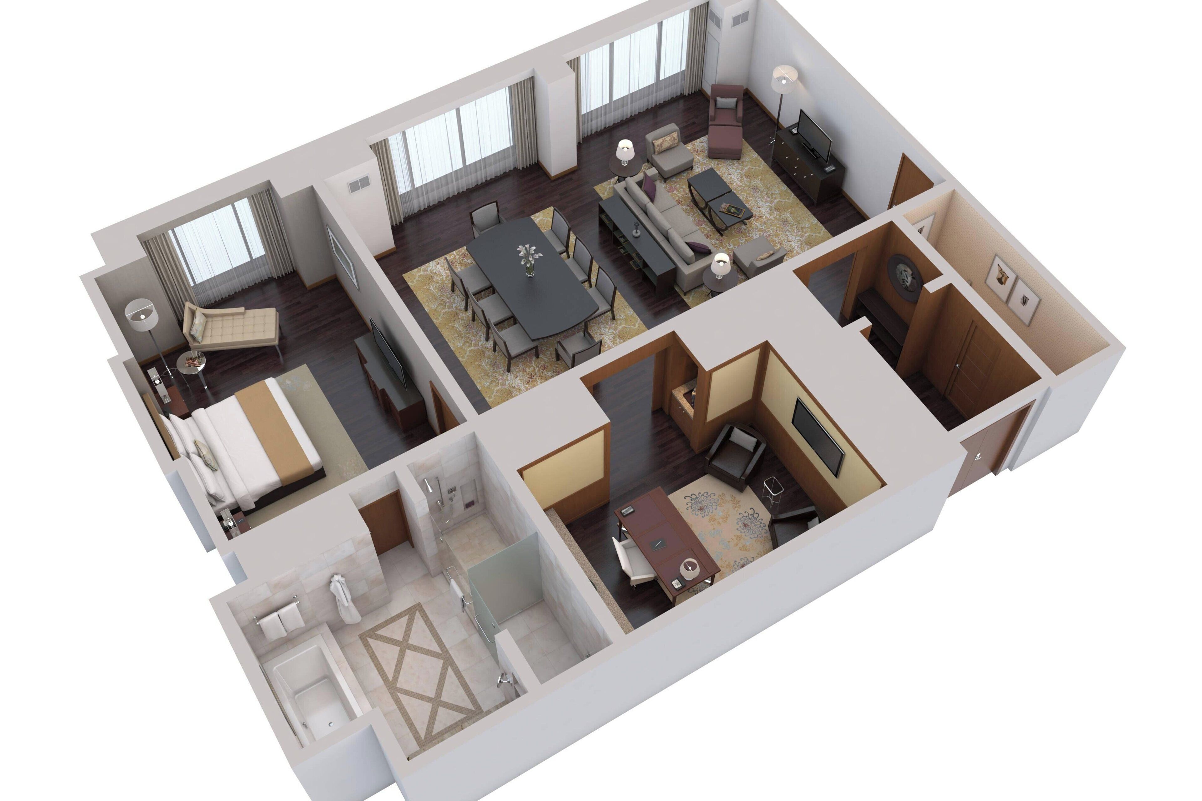 A 3D floor plan of a hotel room with a living area, dining space, and a bathroom.