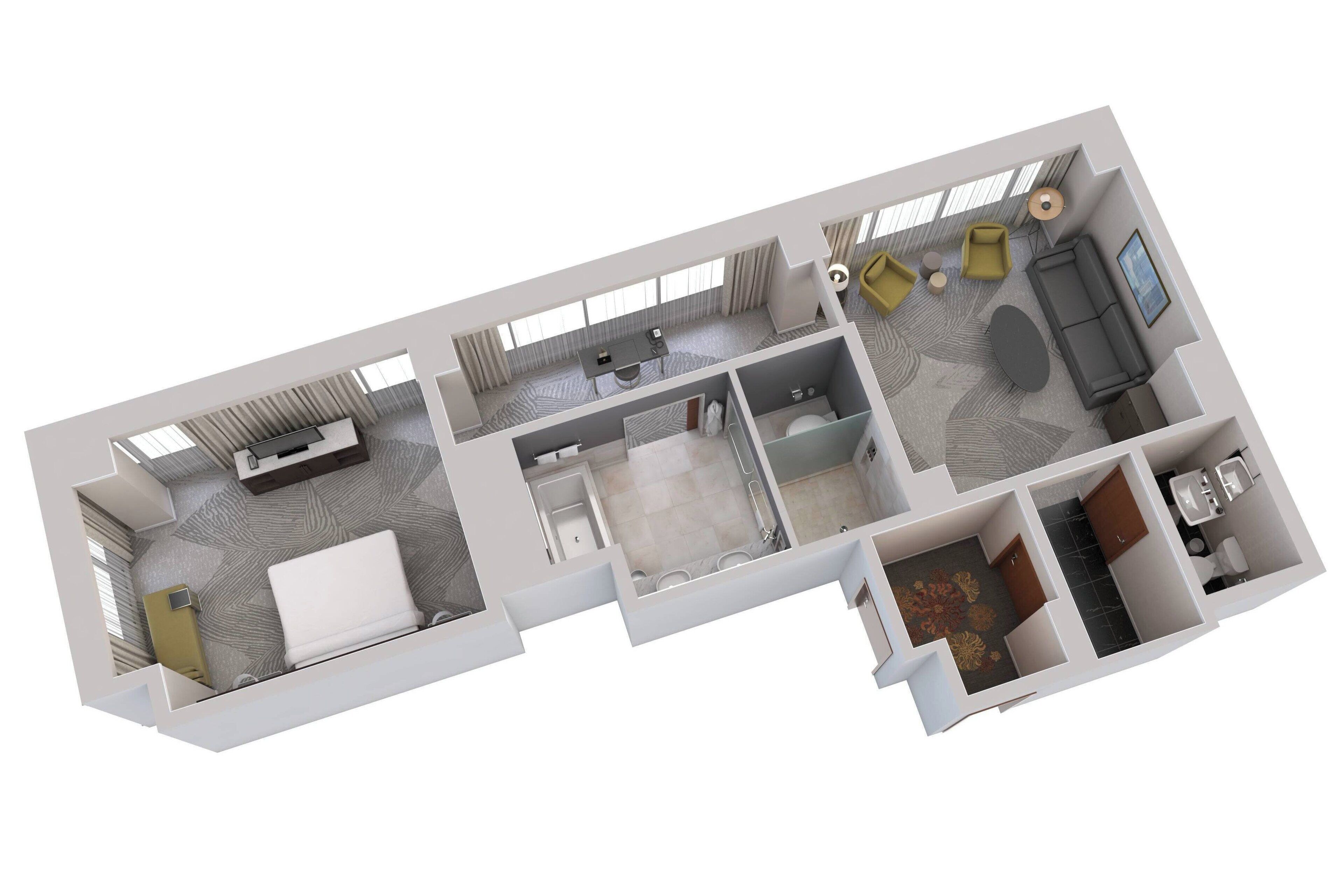 Ein 3D-Grundriss eines Hotelzimmers mit Bett, Schreibtisch, Badezimmer und Wohnbereich inklusive Sofa und Fernseher.