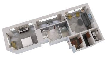 Plano de planta en 3D de una habitación de hotel con cama, escritorio, baño y zona de estar con sofá y televisor.