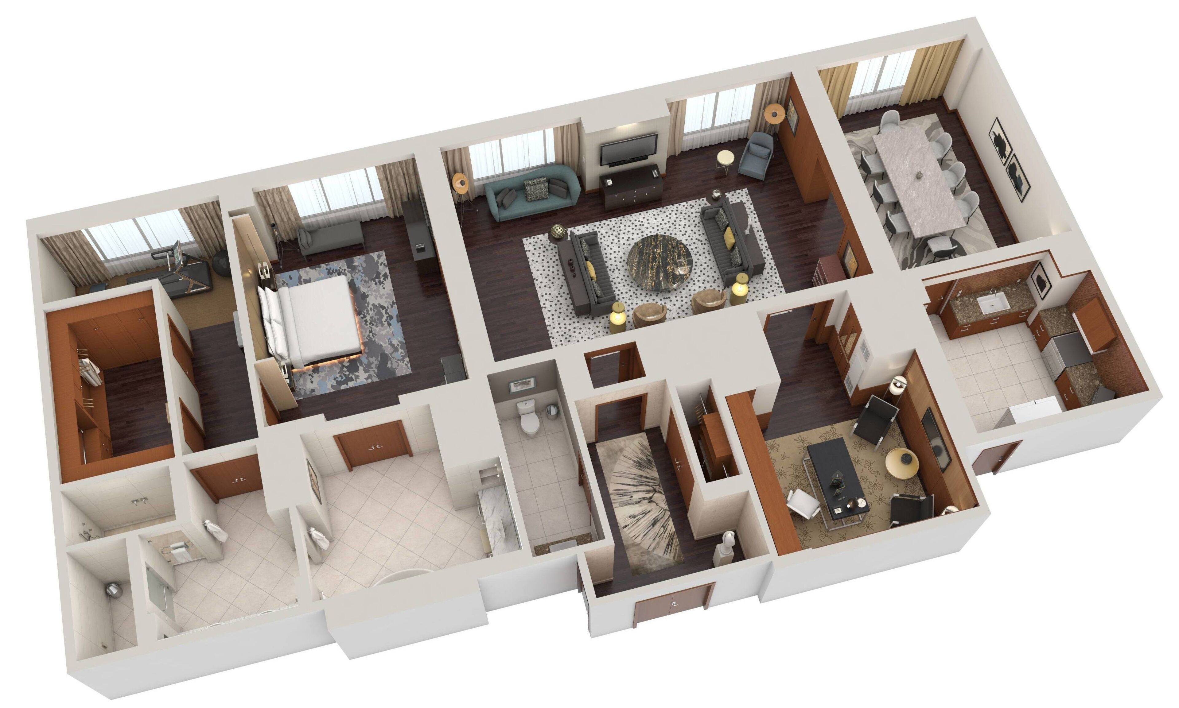 Plano de planta en 3D de un apartamento moderno que incluye sala de estar, comedor, cocina, dos dormitorios y un baño.