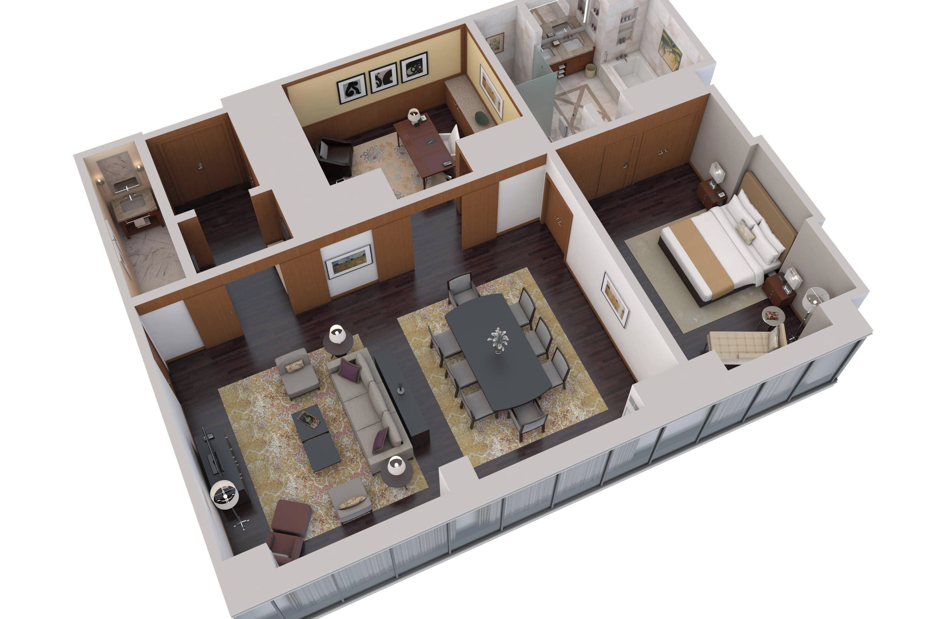 A 3D floor plan of a hotel room with a living area, a separate dining area, a bedroom, and a bathroom.