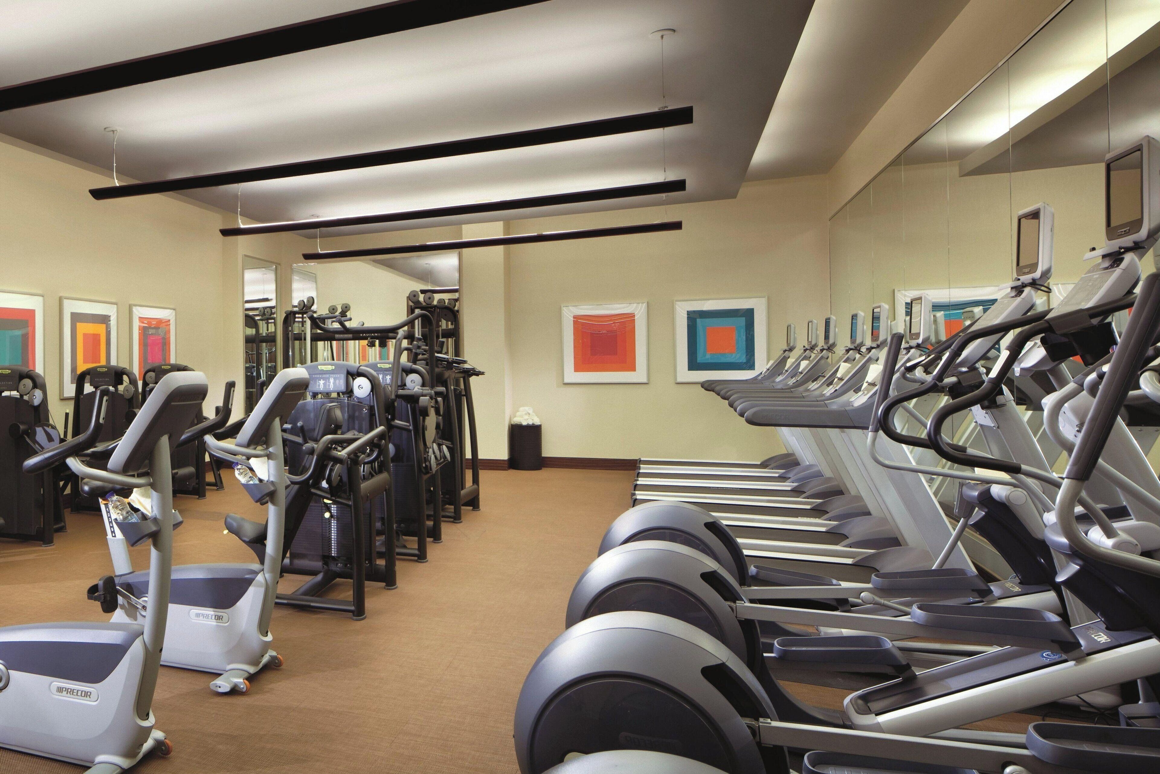 A gym with treadmills, ellipticals, and weight machines.