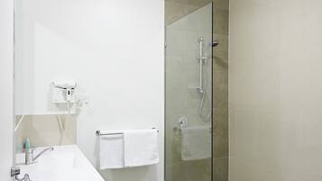 A modern bathroom with a glass shower enclosure, a white sink, and a mirror.