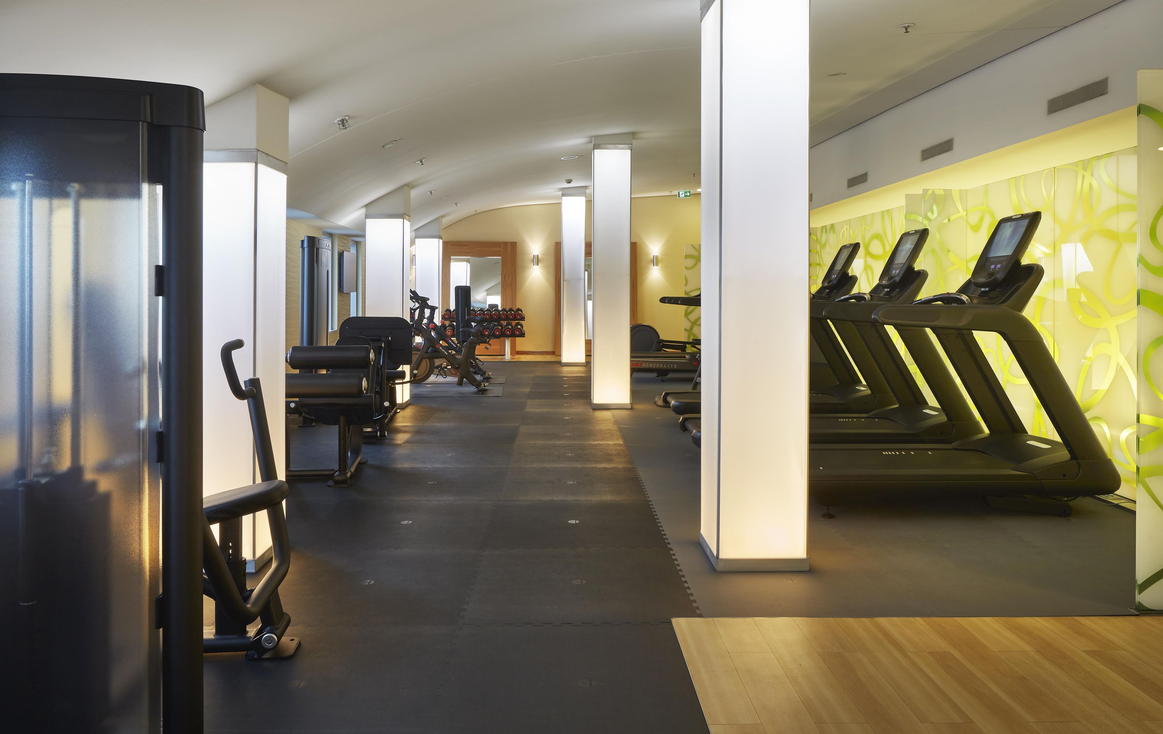 A gym with treadmills, weight machines, and a mirrored wall.