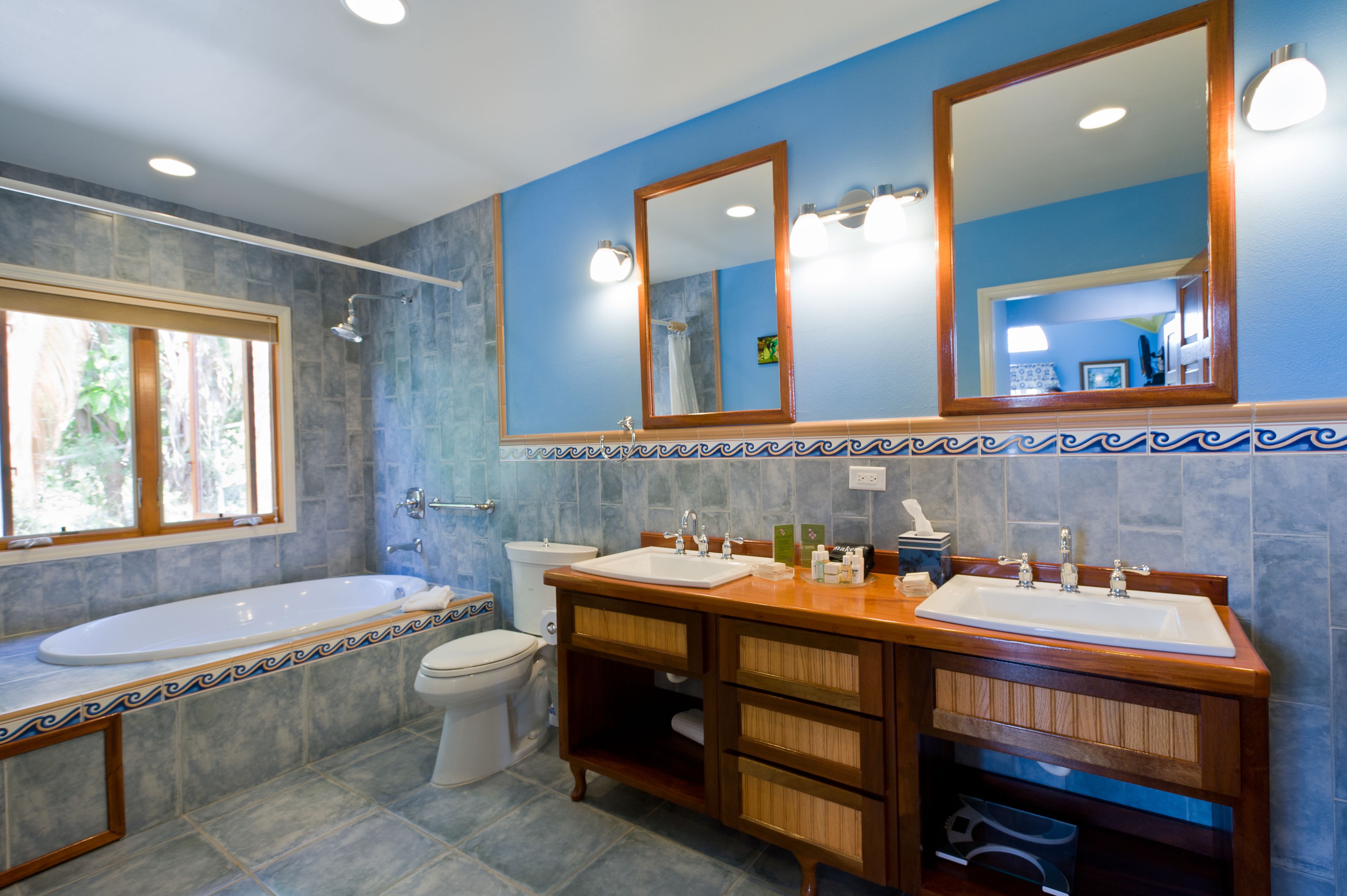 combined shower/bathtub, free toiletries, hair dryer, bathrobes