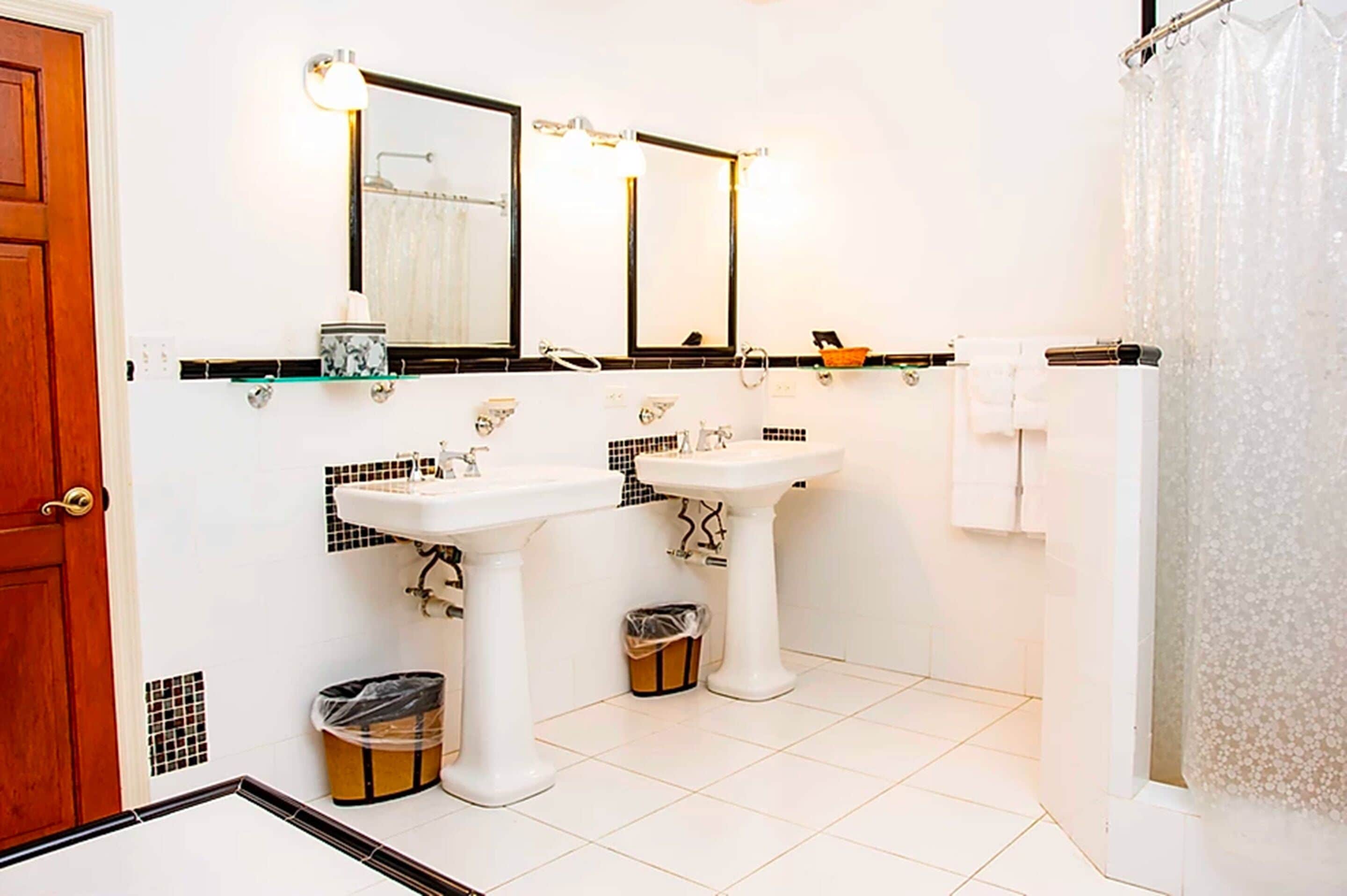 A bathroom with two sinks, a mirror, a shower curtain, and a trash bin.
