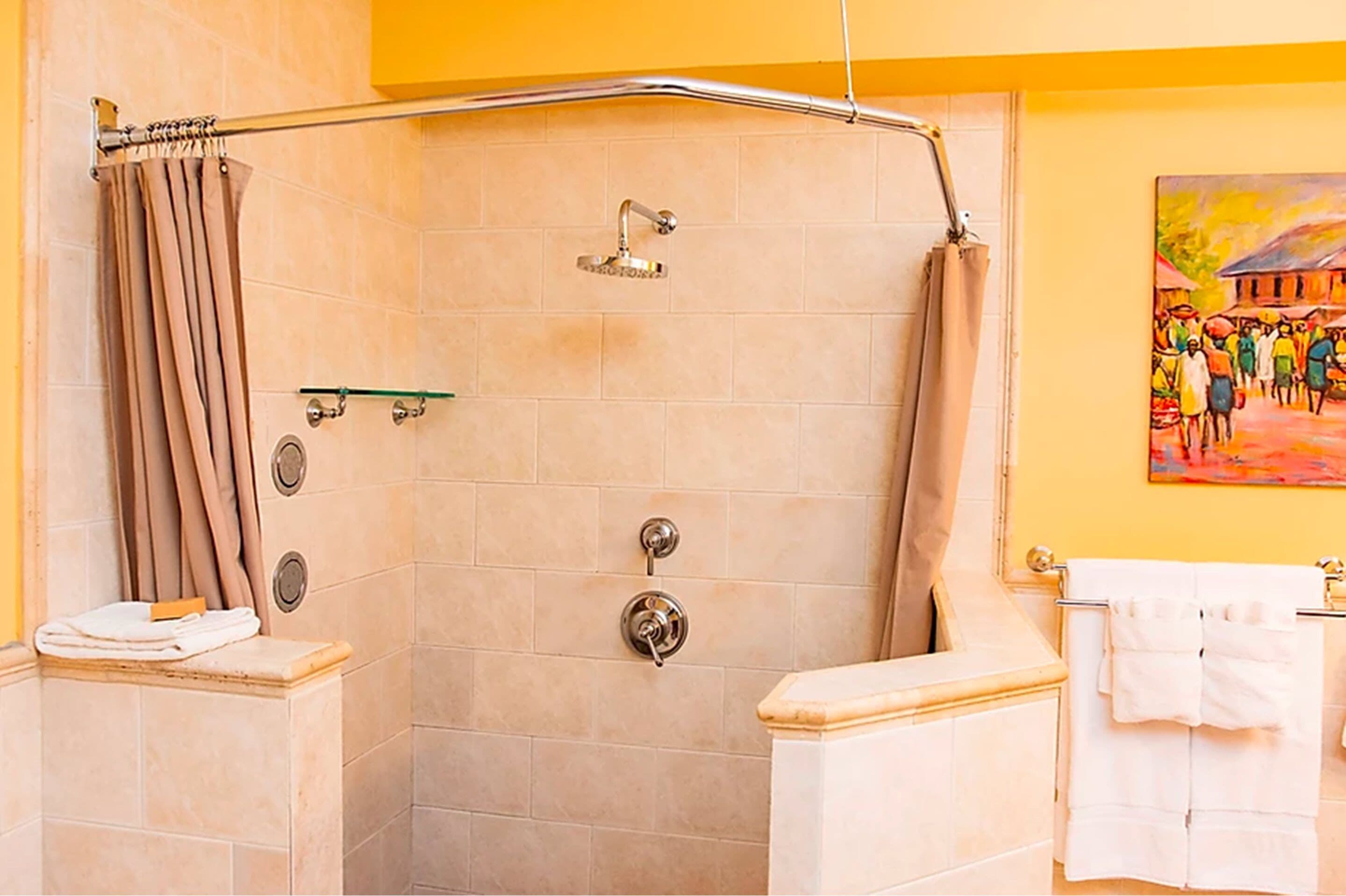 A shower area with a glass door, a towel rack, and a painting on the wall.