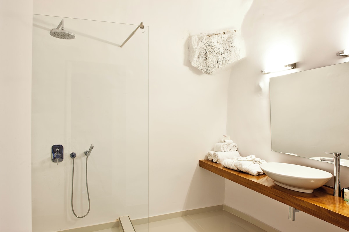 Une salle de bain moderne avec une douche, un meuble-lavabo en bois, un lavabo et un miroir.