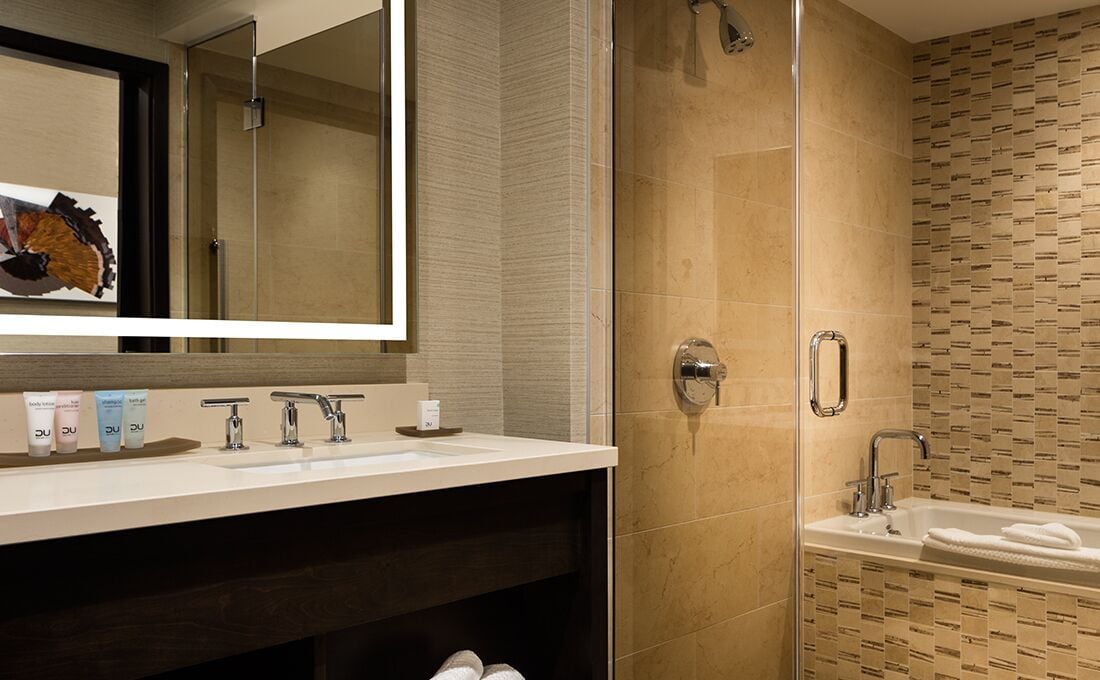 standard room, 2 queen beds | bathroom | shower, towels