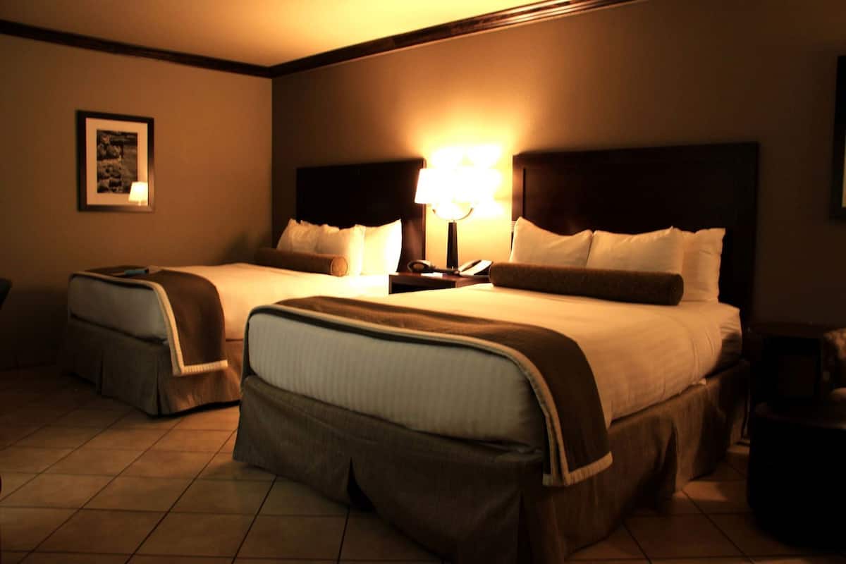 A hotel room with two beds, a nightstand, a lamp, and a framed picture on the wall.