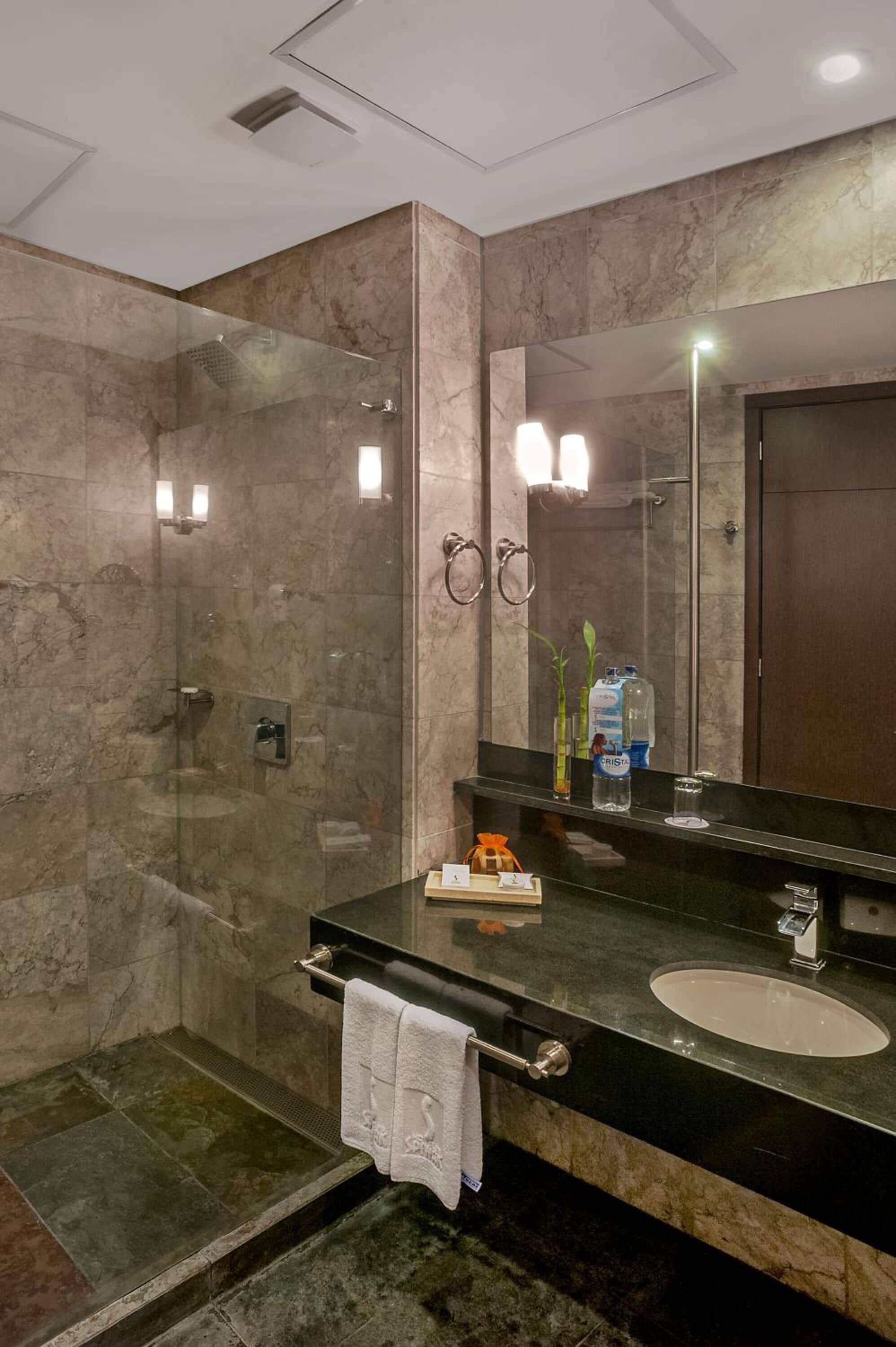 rainfall showerhead, free toiletries, hair dryer, towels