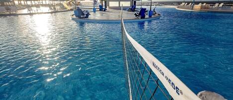 Outdoor pool, pool umbrellas, pool loungers