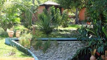 Un jardín con muro de piedra, diversas plantas y una pequeña fuente de agua.