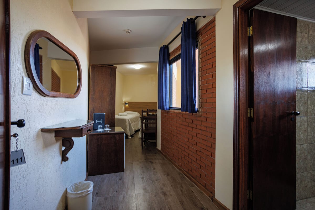 A hotel room with a wooden vanity, a mirror, a small desk, a bed, a chair, and a bathroom with a shower.