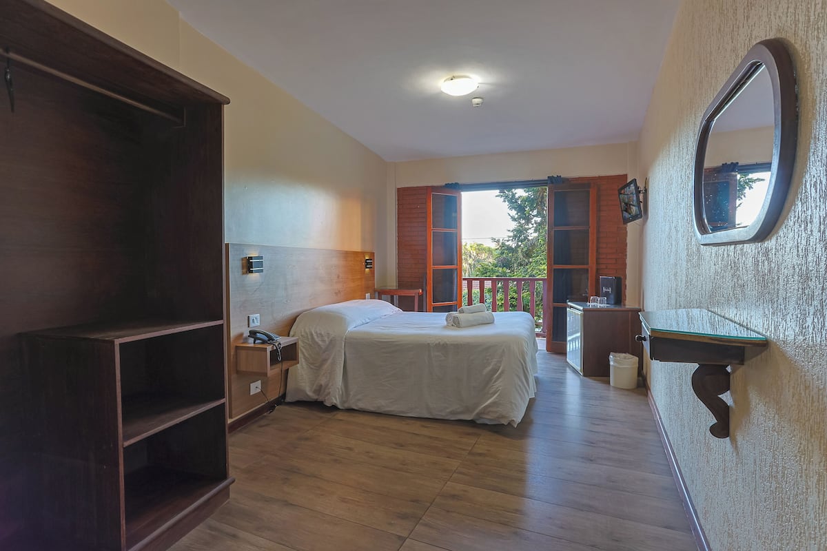 A bedroom with a bed, a wooden wardrobe, a bedside table, a mirror, and a window with a view of greenery.