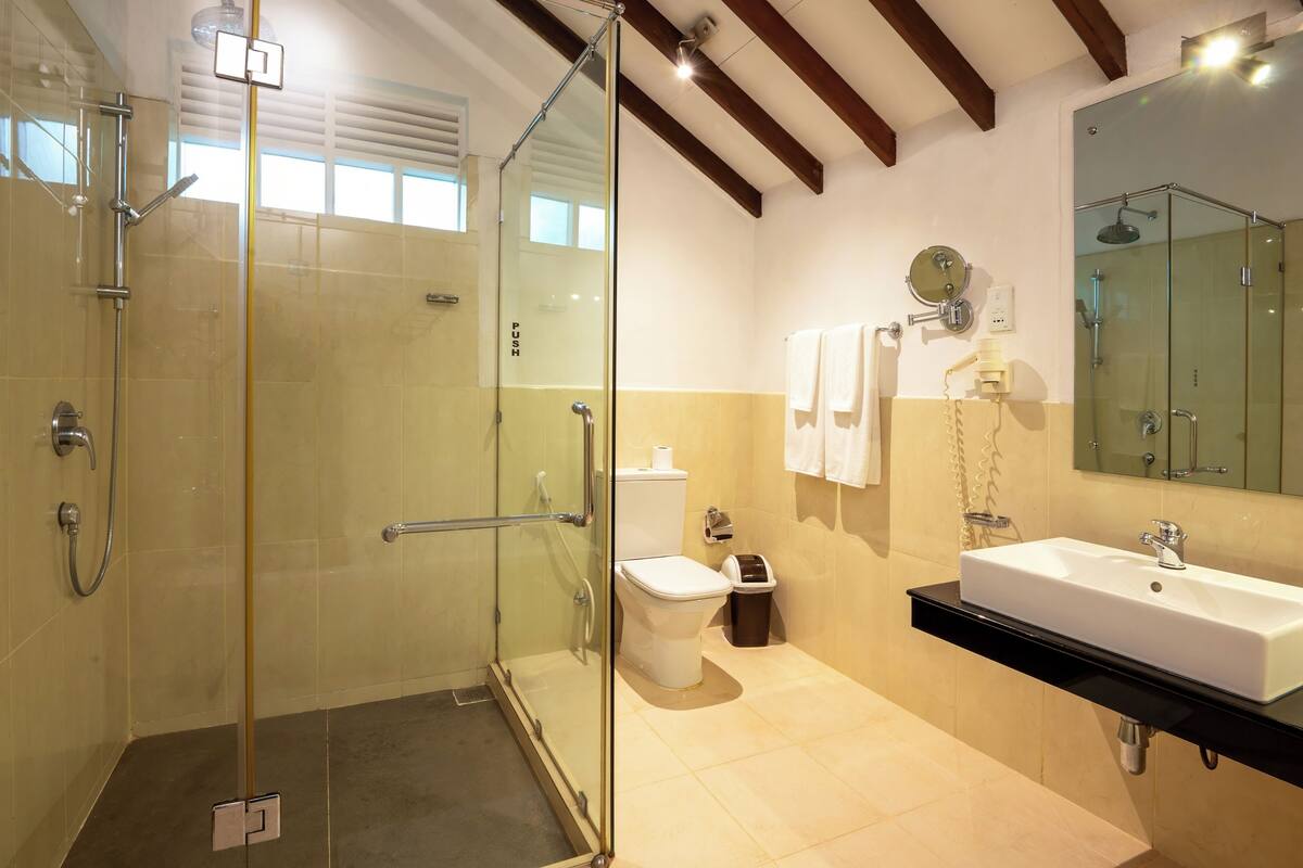 combined shower/bathtub, hair dryer, bidet, towels