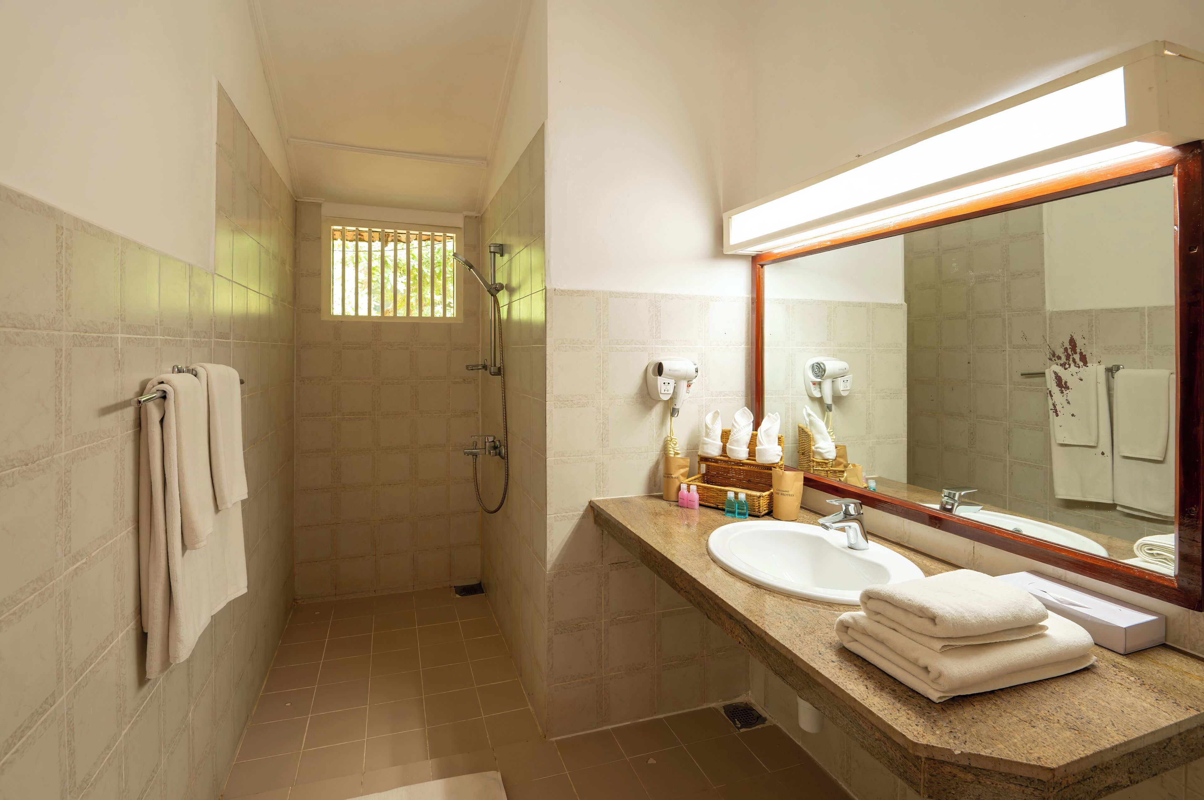 combined shower/bathtub, hair dryer, bidet, towels