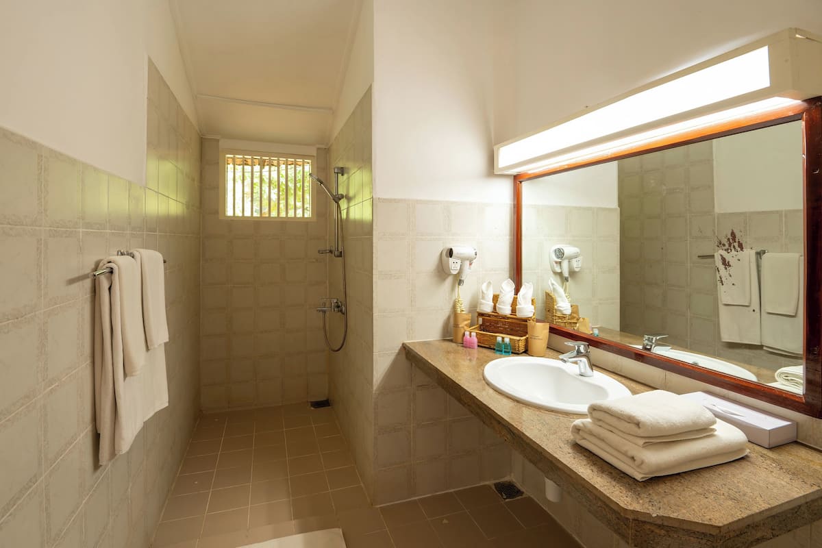 combined shower/bathtub, hair dryer, bidet, towels