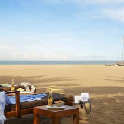 On the beach, sun loungers, beach umbrellas, beach towels