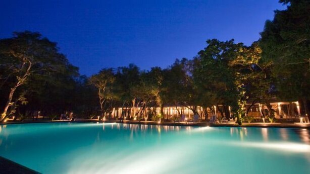 Vista nocturna de una piscina rodeada de árboles y estructuras iluminadas.