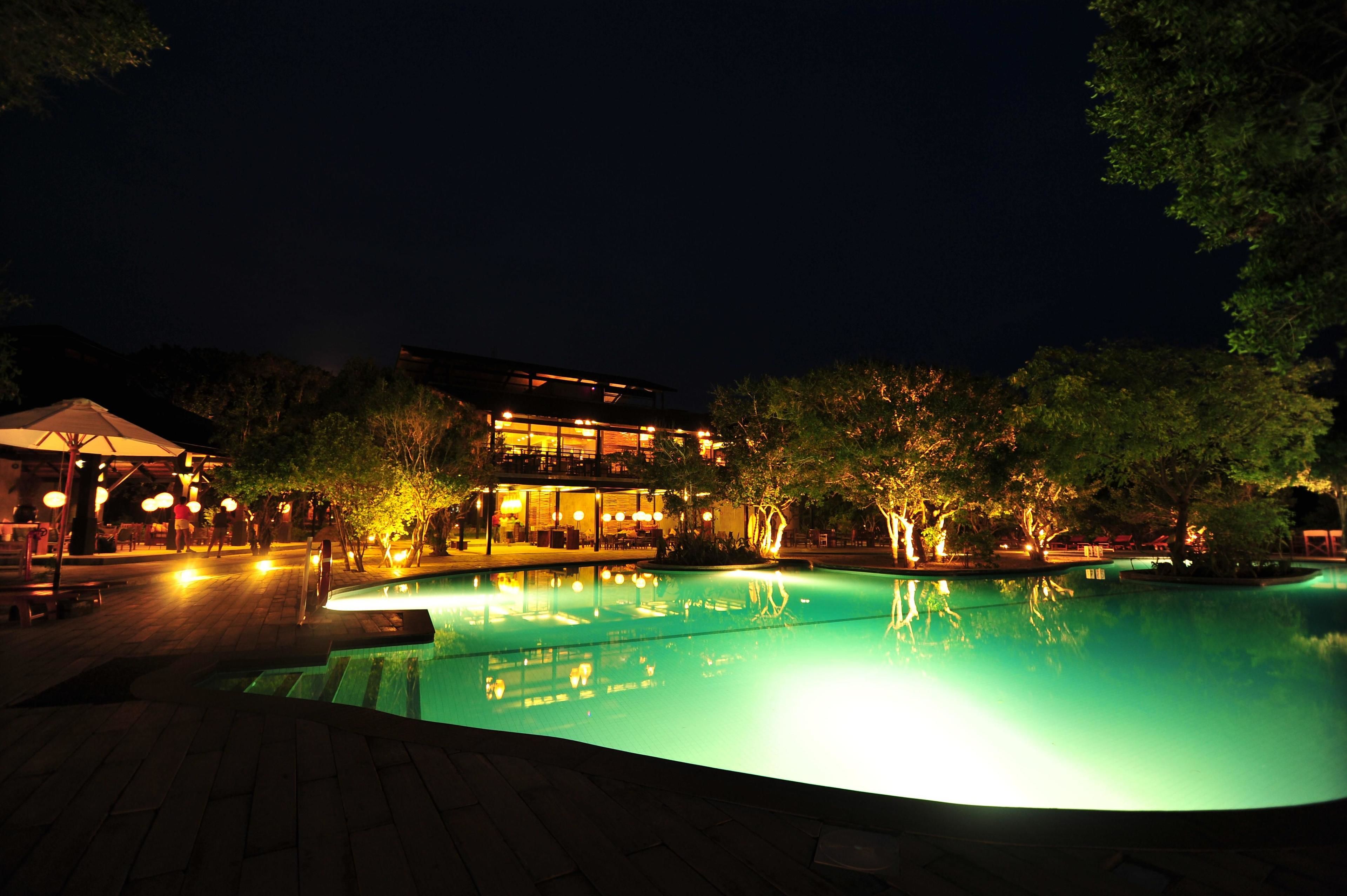 outdoor pool, pool loungers