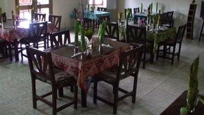 A dining area with multiple tables and chairs, some with tablecloths. There are potted plants on the tables. - Coconut Grove Miners Lodge (Obuasi)