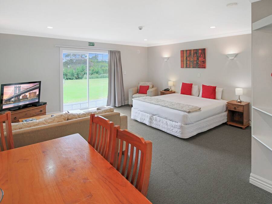 A hotel room with a bed, a TV, a dining table, and a sofa.