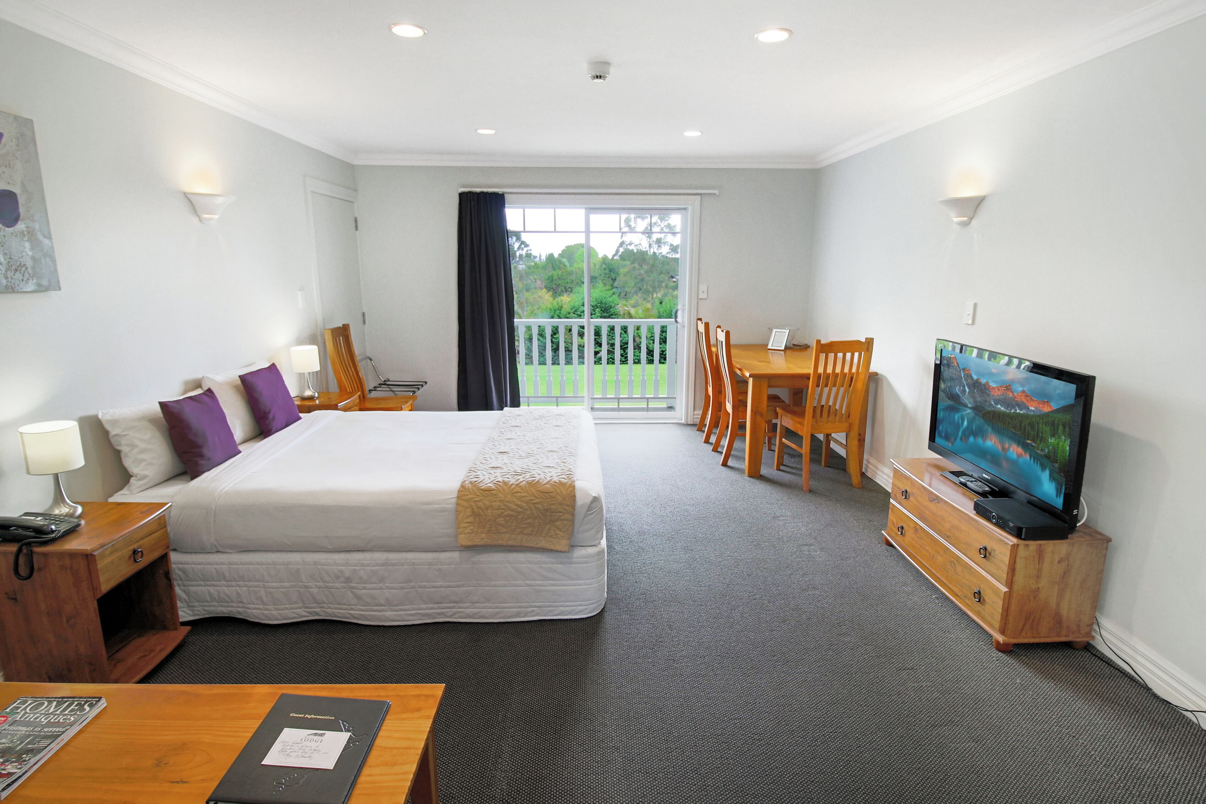 A hotel room with a bed, a desk, a television, and a balcony with a view of greenery.
