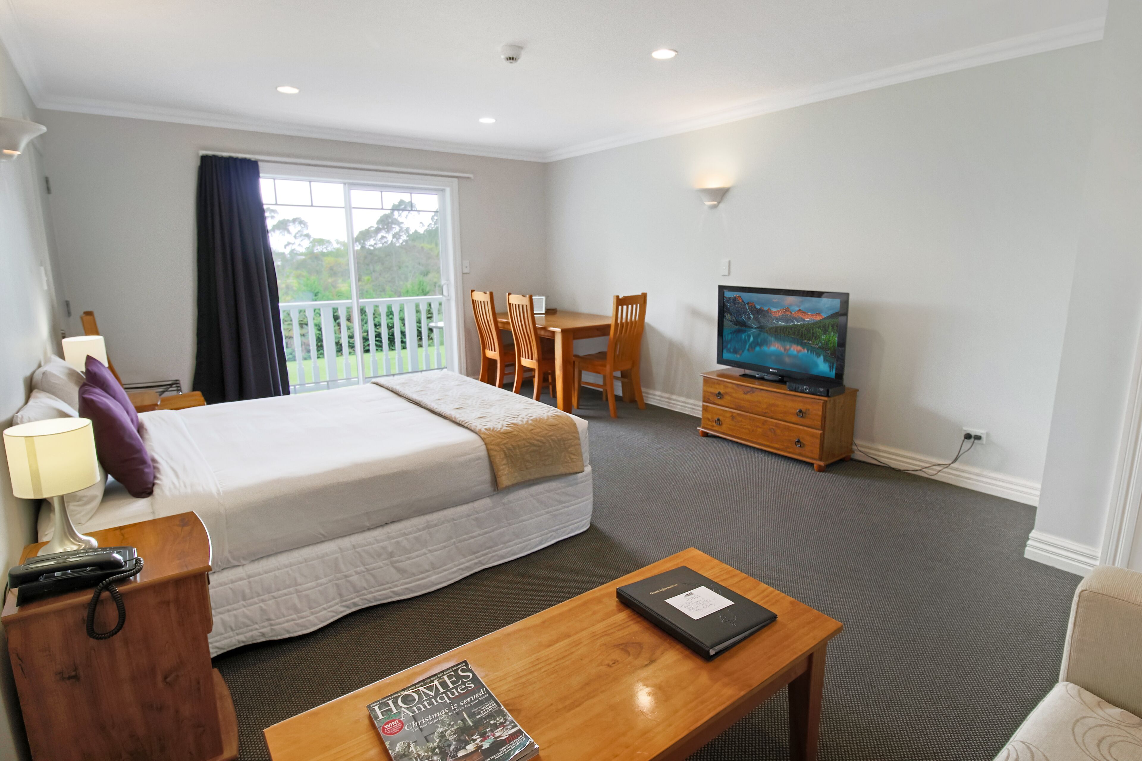 Habitación de hotel con cama, escritorio, televisión y balcón con vista a zonas verdes.