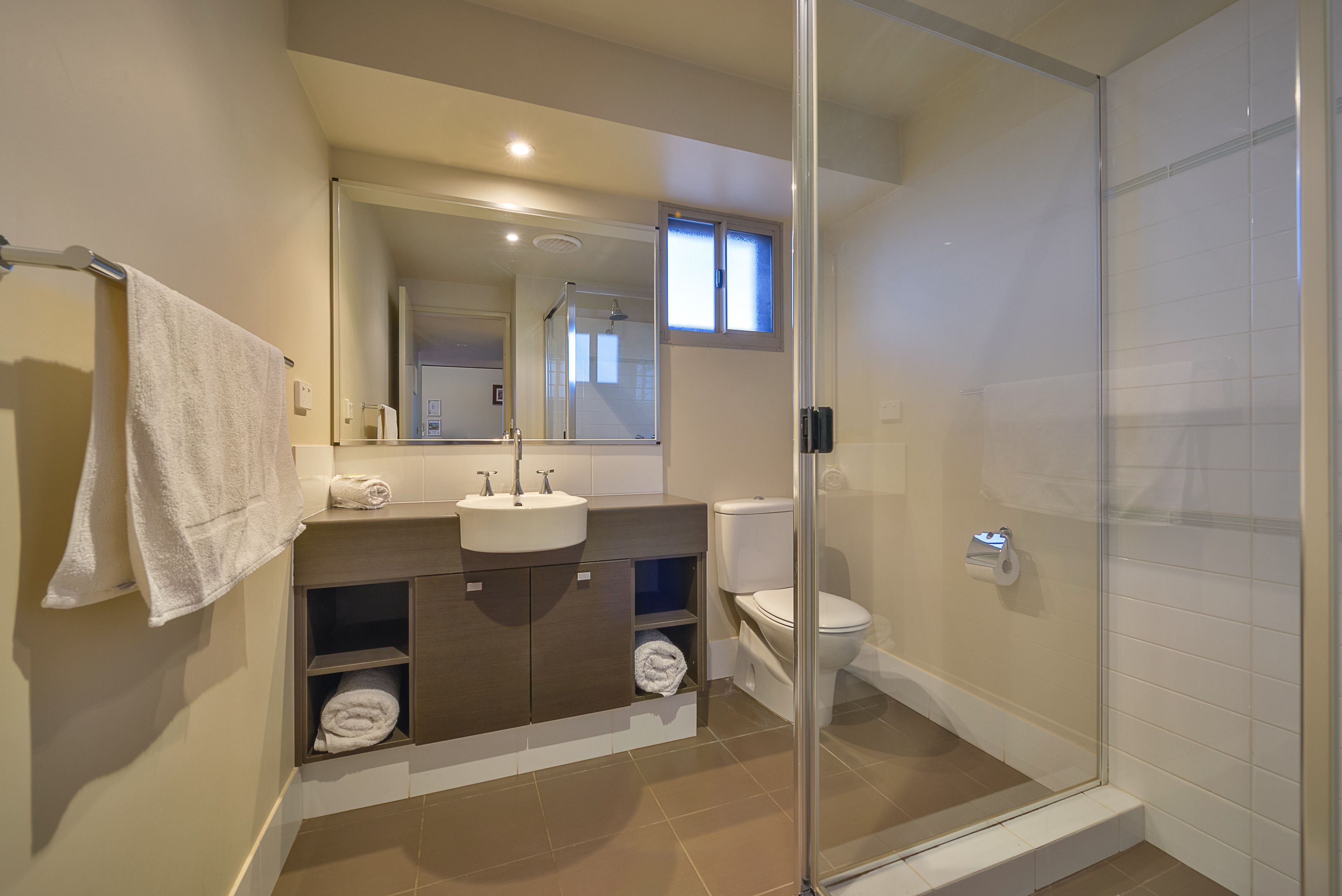 A modern bathroom with a glass shower enclosure, a sink with a mirror above, and a toilet.