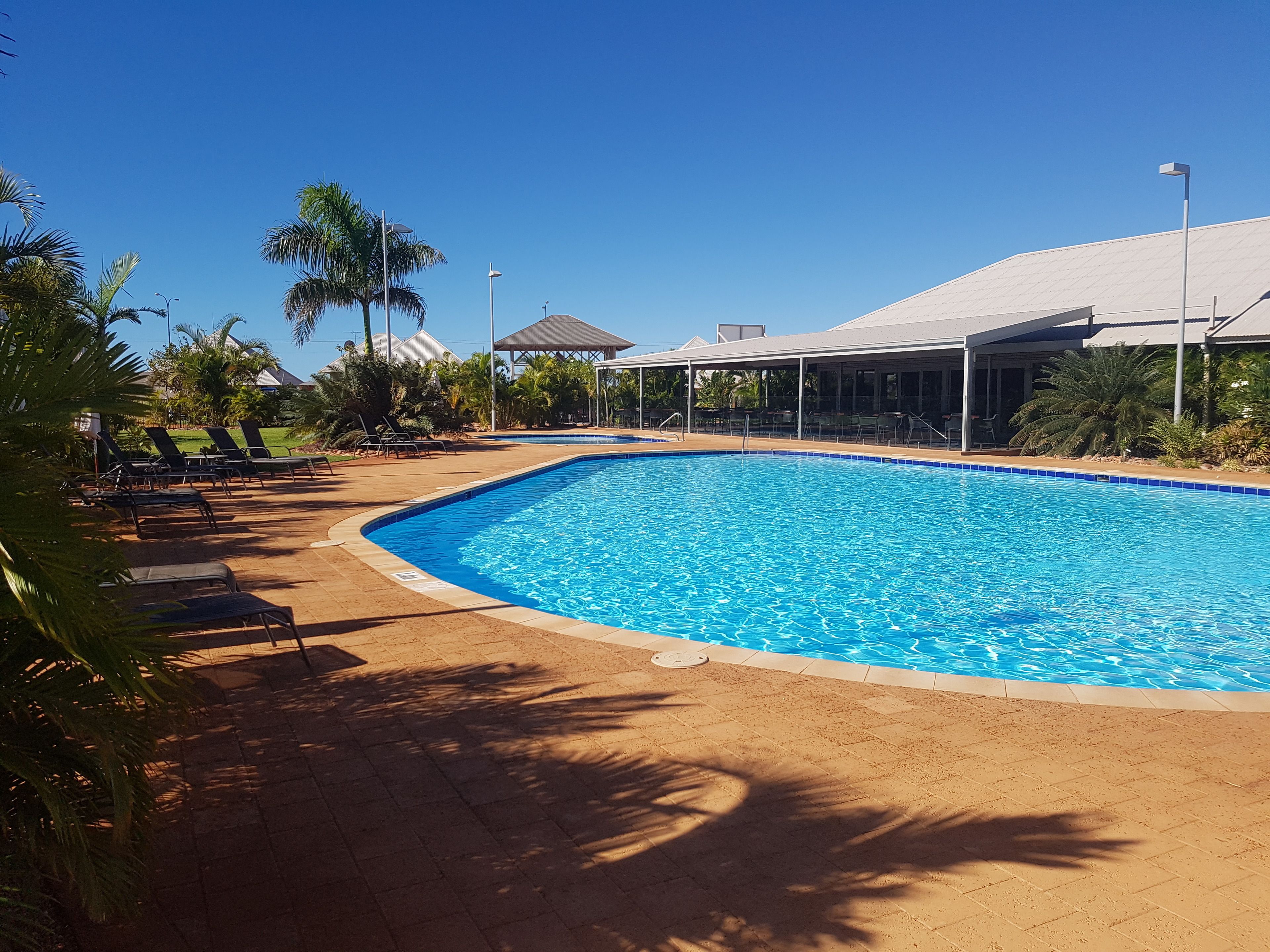 Une piscine avec des chaises longues et des palmiers.