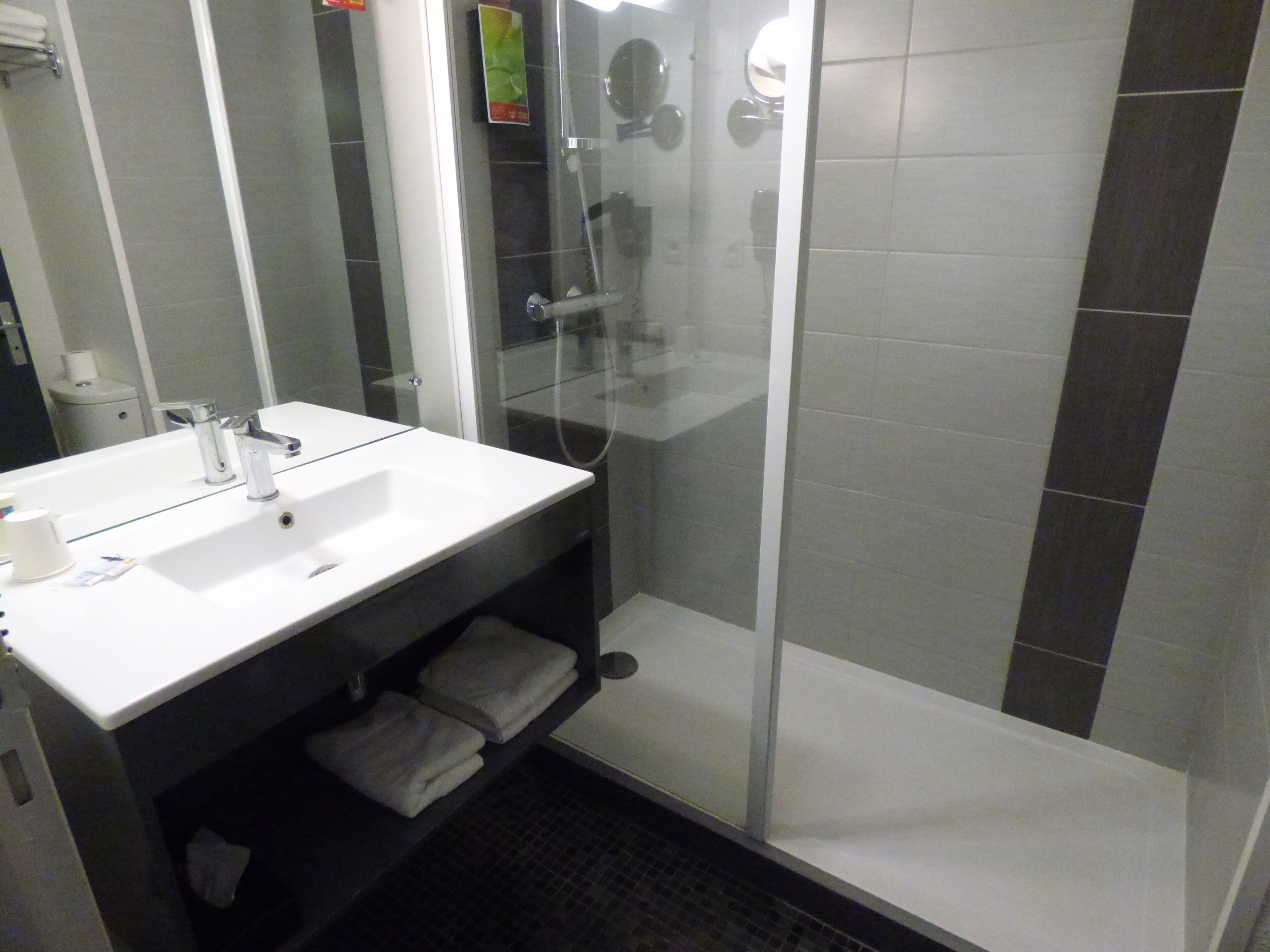 A modern bathroom with a white sink, a glass-enclosed shower, and a mirror above the sink.